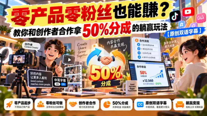 【无水印】零产品零粉丝也能賺?教你和创作者合作拿50%分成的躺赢玩法【原创双语字幕】-来缘阁