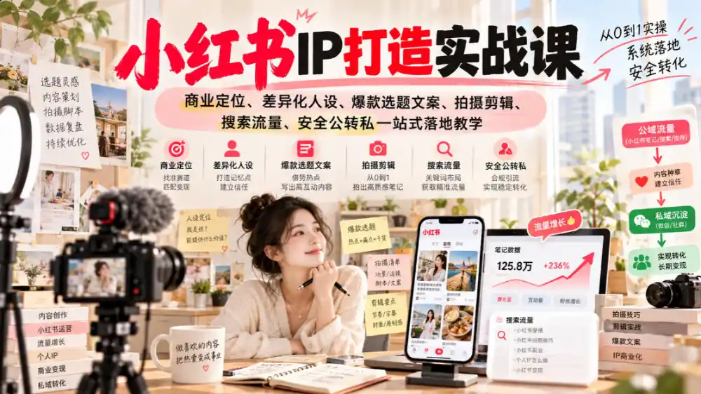 小红书ip打造实战课,商业定位、差异化人设、爆款选题文案、拍摄剪辑、搜索流量、安全公转私一站式落地教学-来缘阁