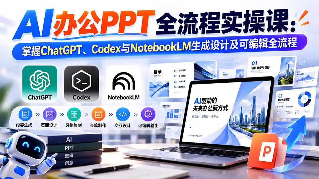 【无水印】AI办公PPT全流程实操课: 掌握ChatGPT、Codex与NotebookLM生成设计及可编辑全流程-来缘阁