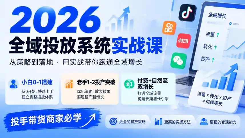 2026全域投放系统实战课,小白0-1搭建,老手1-2投产突破,付费+自然流双增长,投手带货商家必学-来缘阁