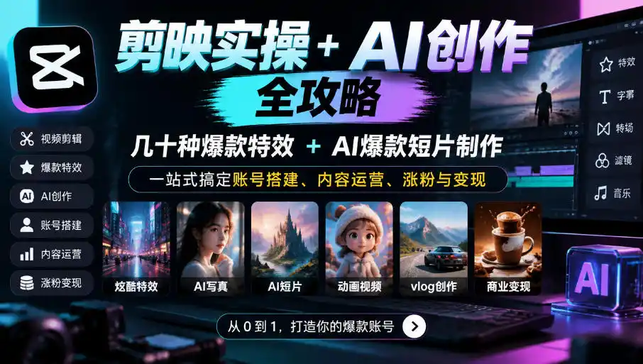 剪映实操+AI创作全攻略｜几十种爆款特效+AI爆款短片制作，一站式搞定账号搭建、内容运营、涨粉与变现-来缘阁