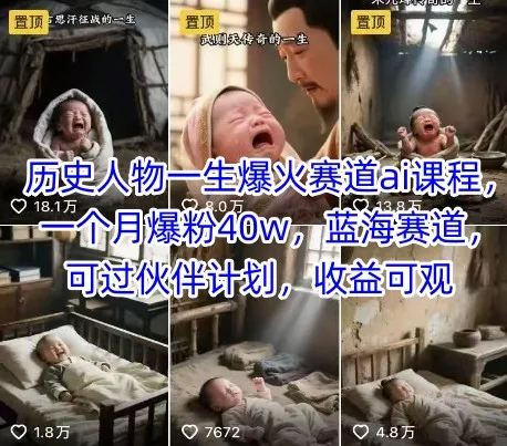历史人物一生爆火赛道ai课程，一个月爆粉40w，蓝海赛道，可过伙伴计划，收益可观-来缘阁