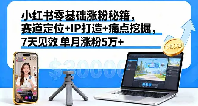 小红书零基础涨粉秘籍，赛道定位+IP打造+痛点挖掘，7天见效 单月涨粉5万+-来缘阁