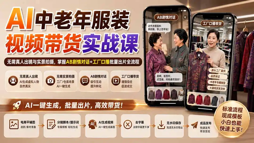 AI中老年服装视频带货实战课:无需真人出镜与实景拍摄,掌握AB剧情对话+工厂口播批量出片全流程-来缘阁