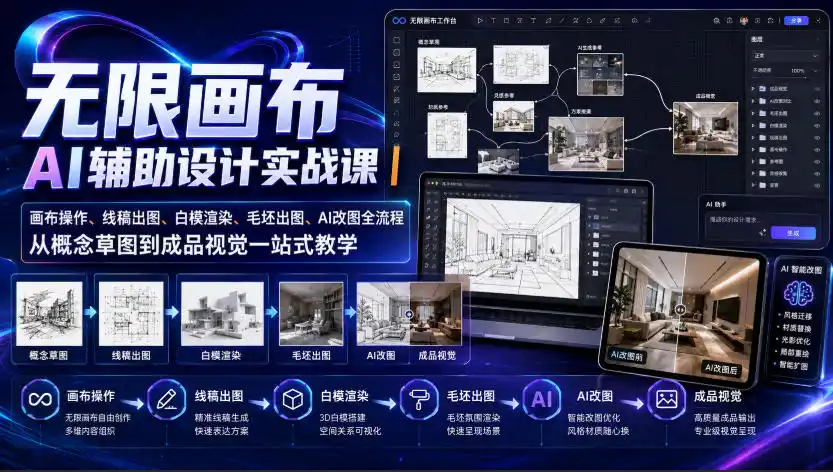 无限画布AI辅助设计实战课｜画布操作、线稿出图、白模渲染、毛坯出图、AI改图全流程，从概念草图到成品视觉一站式教学-来缘阁