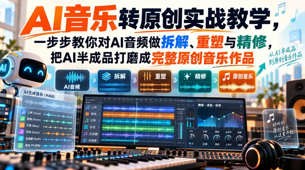 AI音乐转原创实战教学,一步步教你对AI音频做拆解、重塑与精修,把AI半成品打磨成完整原创音乐作品-来缘阁