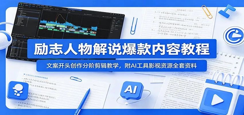 励志人物解说爆款内容教程：文案开头创作分阶剪辑教学，附AI 工具影视资源全套资料-来缘阁