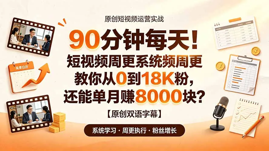 90 分钟每天！短视频周更系统教你从 0 到 18K 粉，还能单月赚 8000 块？【原创双语字幕】-来缘阁