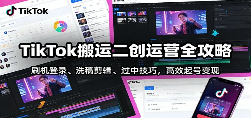 TikTok搬运二创运营全攻略:刷机登录、洗稿剪辑 、过中技巧,高效起号变现-来缘阁