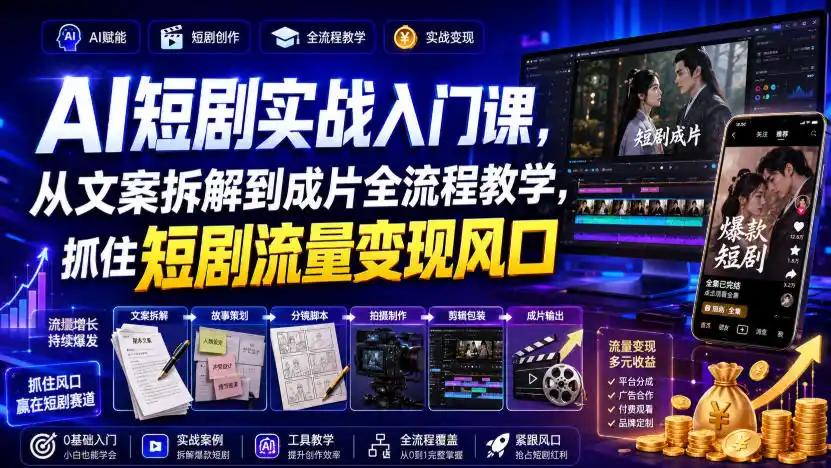 AI短剧实战入门课,从文案拆解到成片全流程教学,抓住短剧流量变现风口-来缘阁