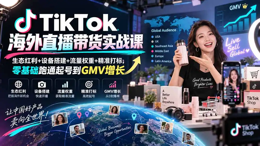TikTok海外直播带货实战课｜生态红利+设备搭建+流量权重+精准打标，零基础跑通起号到GMV增长-来缘阁