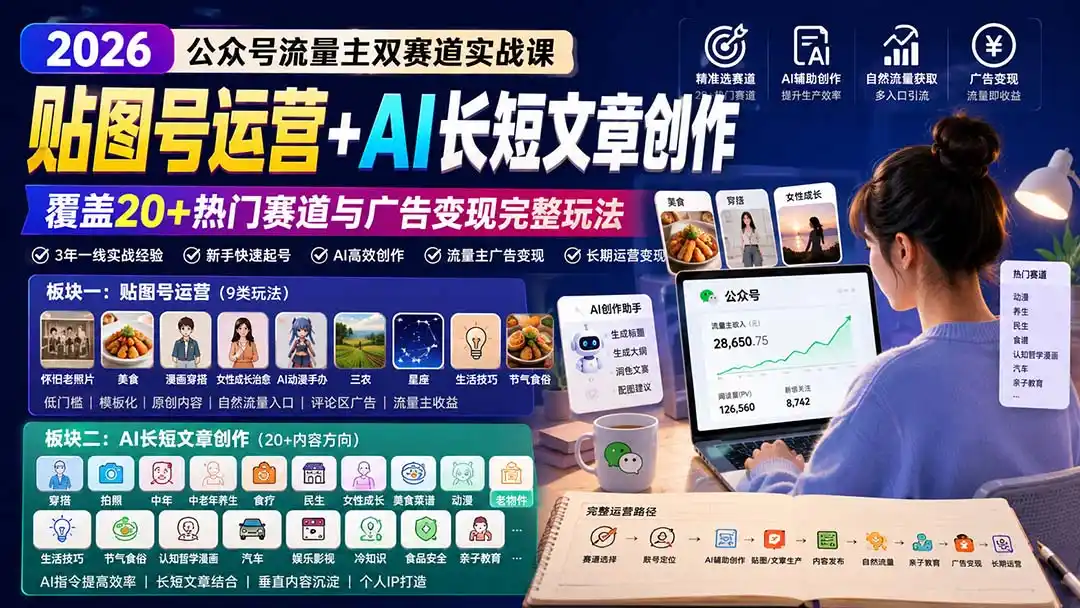 公众号流量主双赛道实战课：贴图号运营+AI长短文章创作，覆盖20+热门赛道与广告变现完整玩法-来缘阁