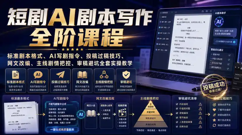 短剧AI剧本写作全阶课程｜标准剧本格式、AI写剧指令、投稿过稿技巧、网文改编、主线剧情把控、审稿避坑全套实操教学-来缘阁