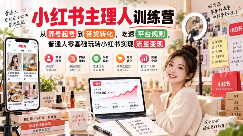 小红书主理人训练营,从养号起号到带货转化,吃透平台规则,普通人零基础玩转小红书实现流量变现-来缘阁