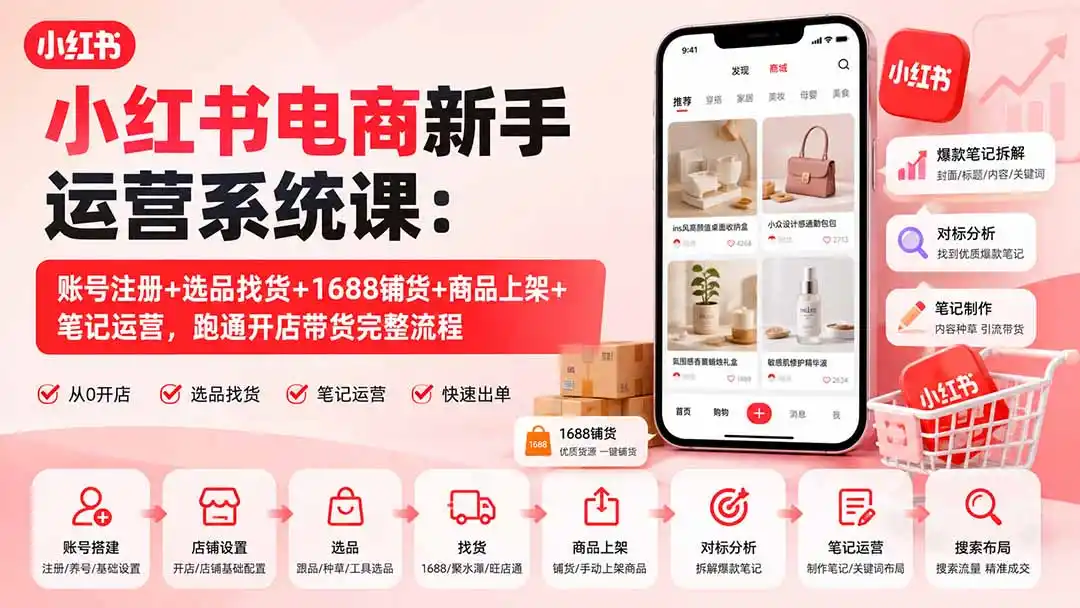 小红书电商新手运营系统课：账号注册+选品找货+1688铺货+商品上架+笔记运营，跑通开店带货完整流程-来缘阁