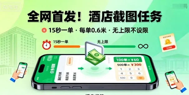 全网首发！酒店截图任务，15秒一单，每单0.6米，任务无上限不设限，矩阵操作单日3张到手【揭秘】-来缘阁