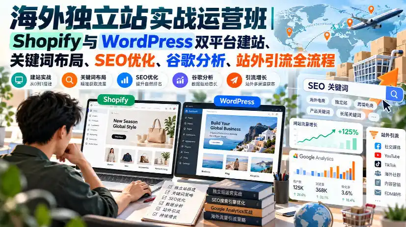 海外独立站实战运营班｜Shopify与WordPress双平台建站、关键词布局、SEO优化、谷歌分析、站外引流全流程-来缘阁