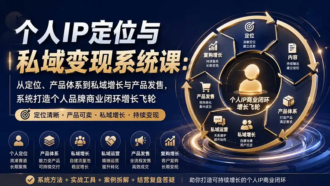 个人IP定位与私域变现系统课：从定位、产品体系到私域增长与产品发售，系统打造个人品牌商业闭环增长飞轮-来缘阁