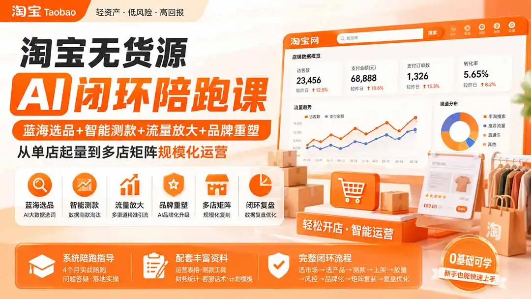 淘宝无货源AI闭环陪跑课：蓝海选品+智能测款+流量放大+品牌重塑，从单店起量到多店矩阵规模化运营-来缘阁