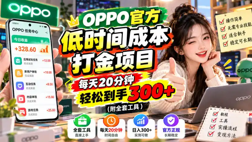 OPPO官方低时间成本打金项目,每天20分钟,轻松到手300+(附全套工具)【揭秘】-来缘阁
