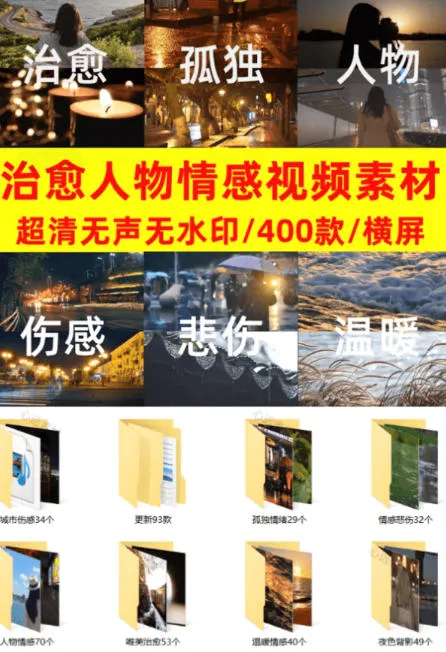 爆款短视频常用视频素材！抖音治愈伤感人物情感视频素材，400款合集，无声无水印，视频感氛围拉满-来缘阁