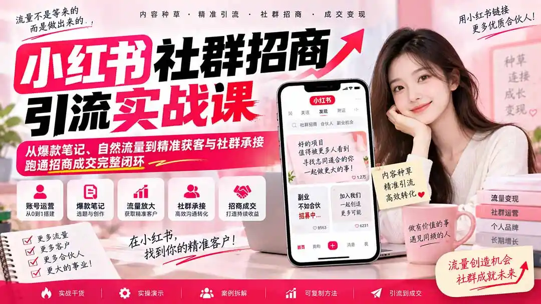 小红书社群招商引流实战课-无水印：从爆款笔记、自然流量到精准获客与社群承接，跑通招商成交完整闭环-来缘阁