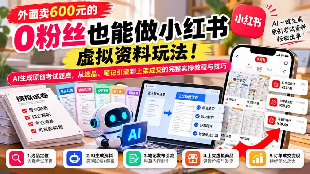 外面卖600元的 零粉丝也能做小红书虚拟资料玩法！AI生成原创考试题库，从选品、笔记引流到上架成交的完整实操教程-来缘阁