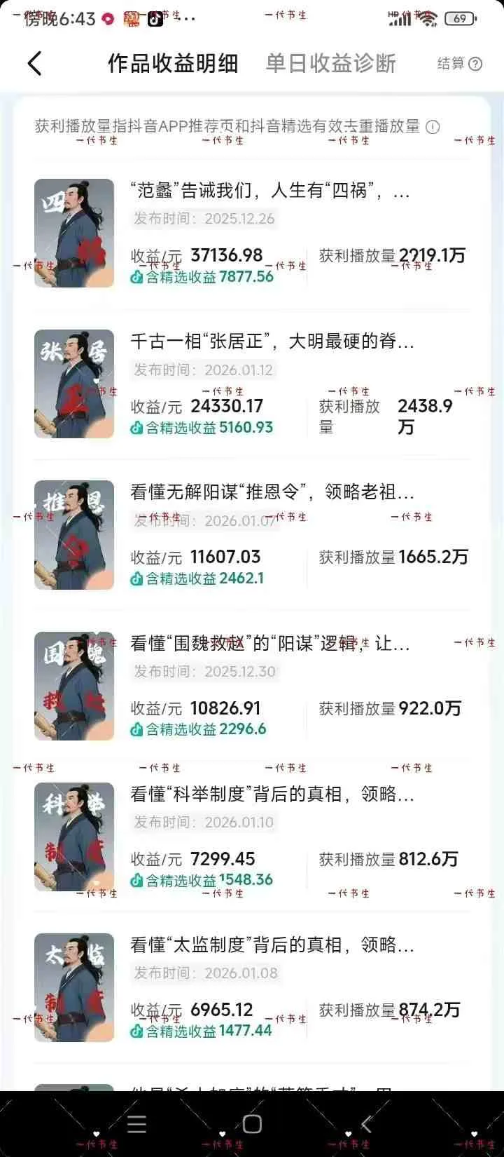 抖音300w粉丝博主的政史类科普视频教学，有大流量扶持，拿伙伴伙伴+精选独家双份收益-来缘阁