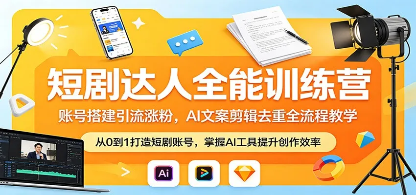 短剧达人全能训练营：账号搭建引流涨粉，AI 文案剪辑去重全流程教学-来缘阁
