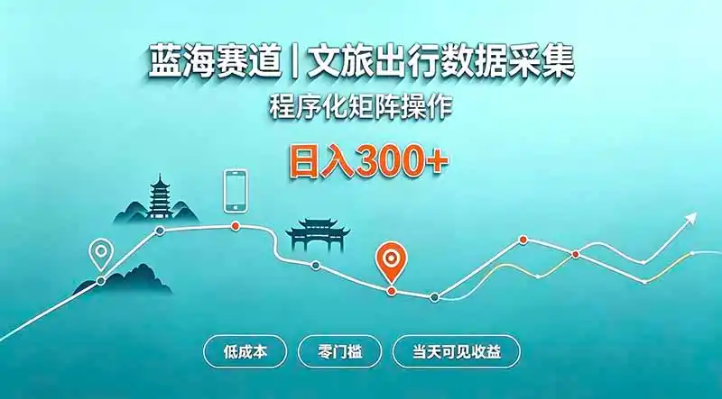 蓝海赛道 文旅出行数据采集 程序化矩阵操作 低成本 零门槛 当天可见收益 日入300+-来缘阁