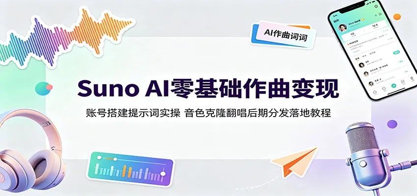 Suno AI零基础作曲变现：账号搭建提示词实操，音色克隆翻唱后期分发落地教程-来缘阁