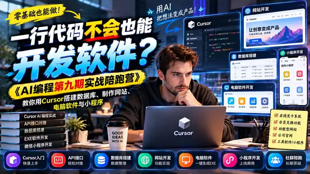 一行代码不会也能开发软件？《AI编程第九期实战陪跑营》教你用Cursor搭建数据库、制作网站、电脑软件与小程序-来缘阁