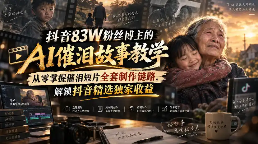 抖音83W粉丝博主的AI催泪故事教学,从零掌握催泪短片全套制作链路,解锁抖音精选独家收益-来缘阁