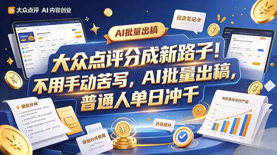 大众点评副业新玩法,工具提效解放双手,批量做笔记,单日可破千-来缘阁
