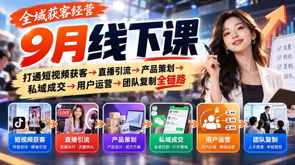全域获客经营9月线下课：打通短视频获客→直播引流→产品策划→私域成交→用户运营→团队复制全链路-来缘阁