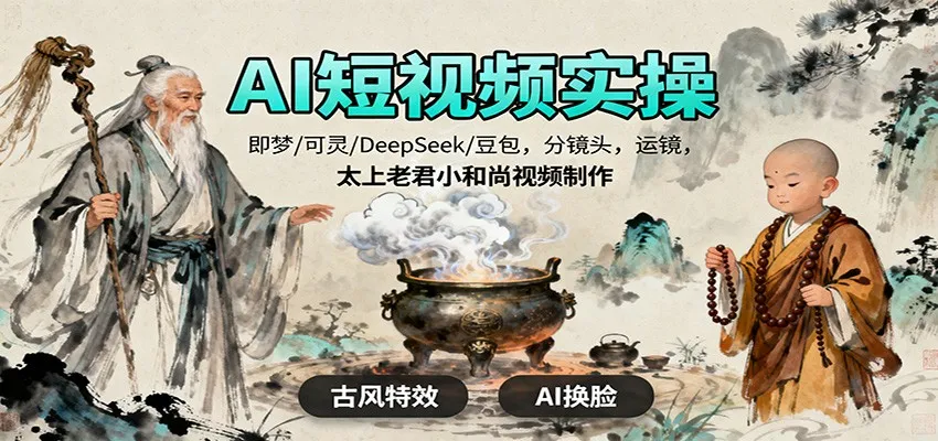 AI短视频实操，即梦/可灵/DeepSeek/豆包，分镜头，运镜，太上老君小和尚视频制作-来缘阁