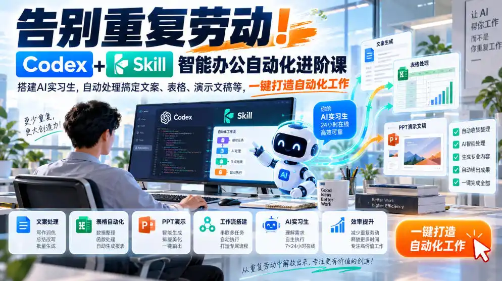 告别重复劳动！Codex+Skill智能办公自动化进阶课｜搭建AI实习生，自动处理搞定文案、表格、演示文稿等，一键打造自动化工作-来缘阁