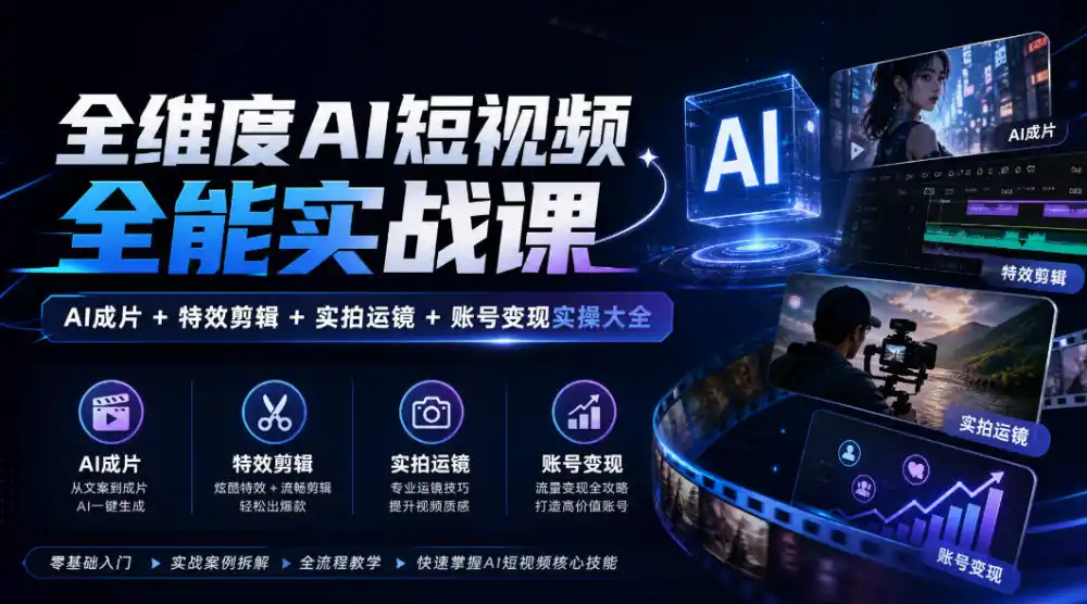全维度AI短视频全能实战课,AI成片+特效剪辑+实拍运镜+账号变现实操大全-来缘阁