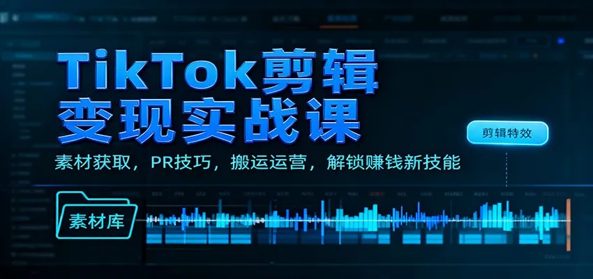 TikTok剪辑变现实战课：素材获取，PR技巧，搬运运营，解锁赚钱新技能-来缘阁