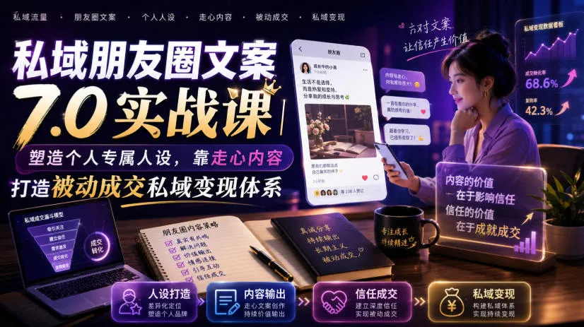 私域朋友圈文案7.0实战课｜塑造个人专属人设，靠走心内容打造被动成交私域变现体系-来缘阁