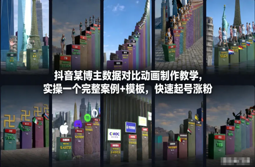 抖音某博主数据对比动画制作教学，实操完整案例+模板，快速起号涨粉-来缘阁