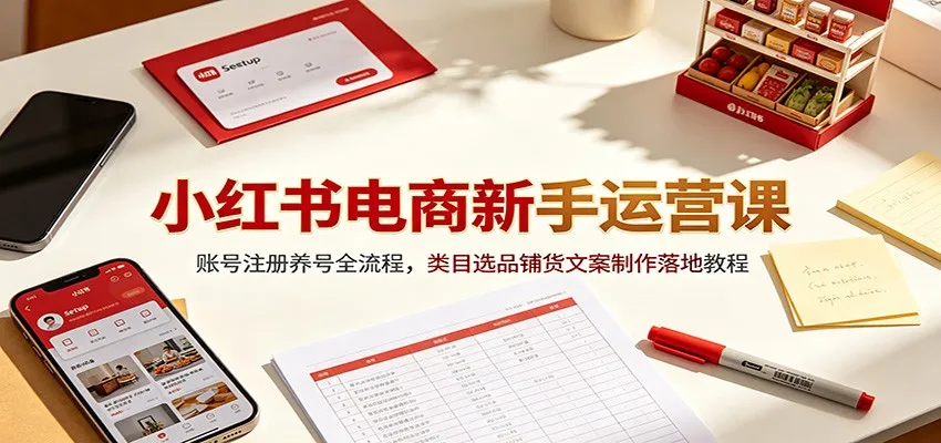 小红书电商新手运营课：账号注册养号全流程，类目选品铺货文案制作落地教程-来缘阁
