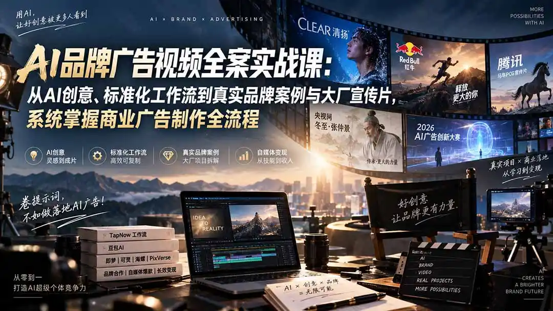 AI品牌广告视频全案实战课:从AI创意、标准化工作流到真实品牌案例与大厂宣传片,系统掌握商业广告制作全流程-来缘阁