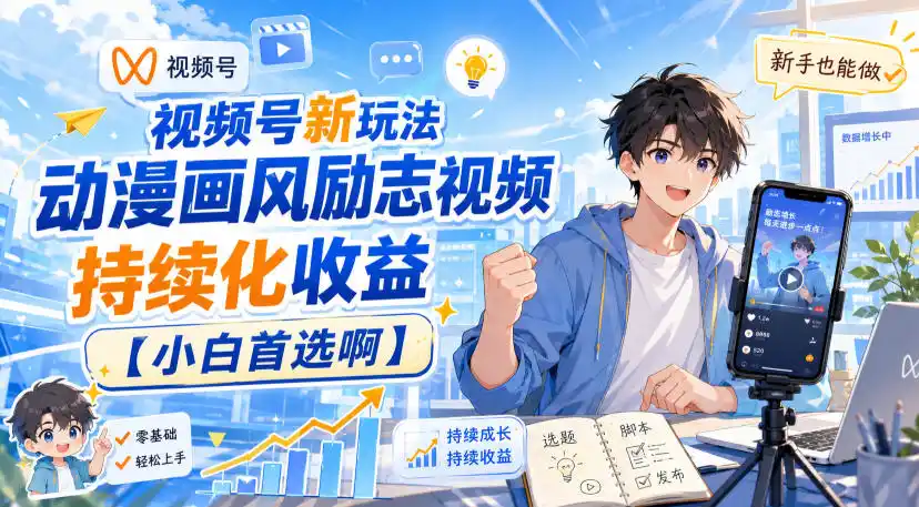 视频号新玩法动漫画风励志视频，持续化收益【小白首选啊】-来缘阁