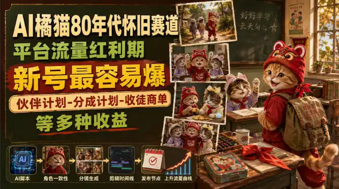 AI橘猫80年代怀旧赛道,平台流量红利期,新号最容易爆,伙伴计划-分成计划-收徒商单等多种收益-来缘阁
