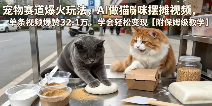 宠物赛道爆火玩法，AI做猫咪摆摊视频，单条视频爆赞32.1万，学会轻松变现【附保姆级教学】-来缘阁