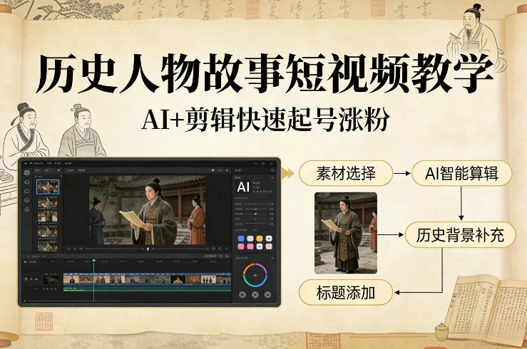 历史人物故事短视频教学,AI+剪辑制作历史人物题材短视频,快速起号涨粉-来缘阁