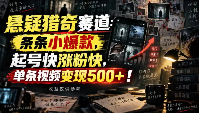 悬疑猎奇赛道:条条小爆款,起号快涨粉快,单条视频变现500+!收益仅供参考-来缘阁