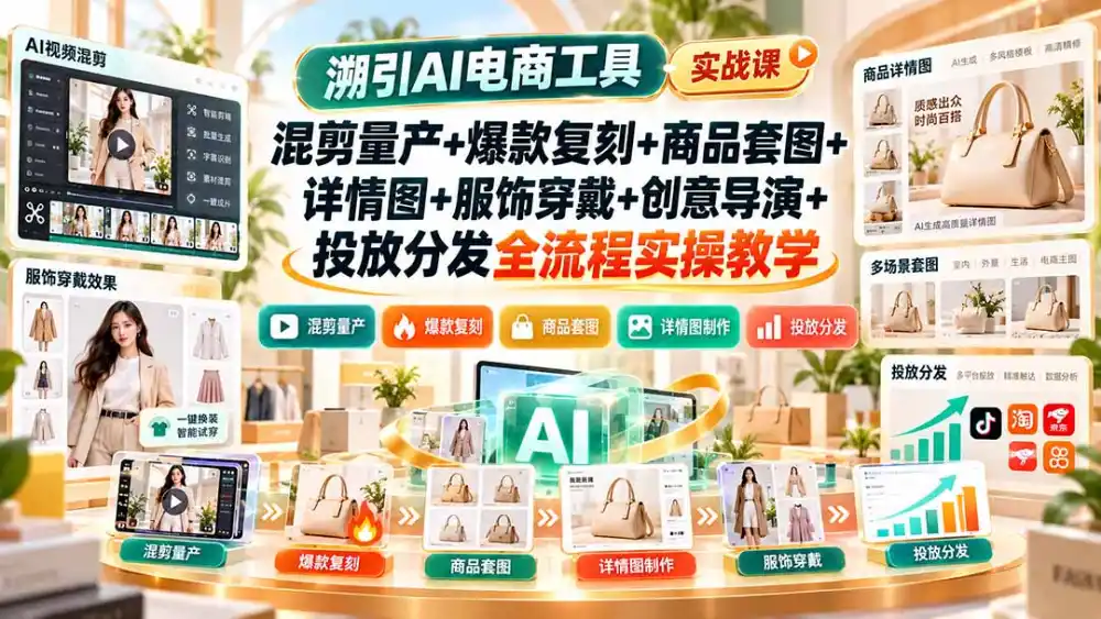 溯引AI电商工具实战课:混剪量产+爆款复刻+商品套图+详情图+服饰穿戴+创意导演+投放分发全流程实操教学-来缘阁