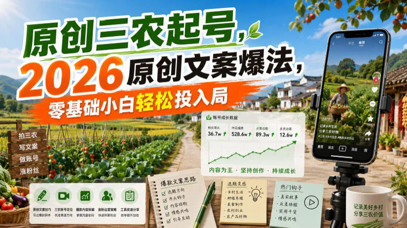 原创三农起号,2026原创文案爆法,零基础小白轻松投入局-来缘阁